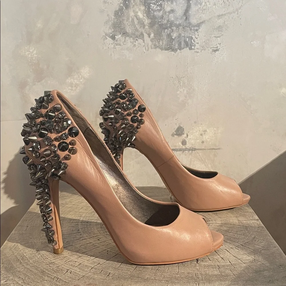 Sam Edelman Tan Peep Toe Heels with Studded Back
